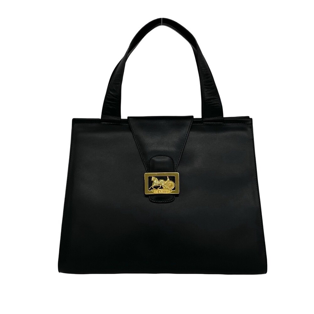 CELINE Vintage Horse Carriage Logo Leather Handbag Tote Bag Black 15572